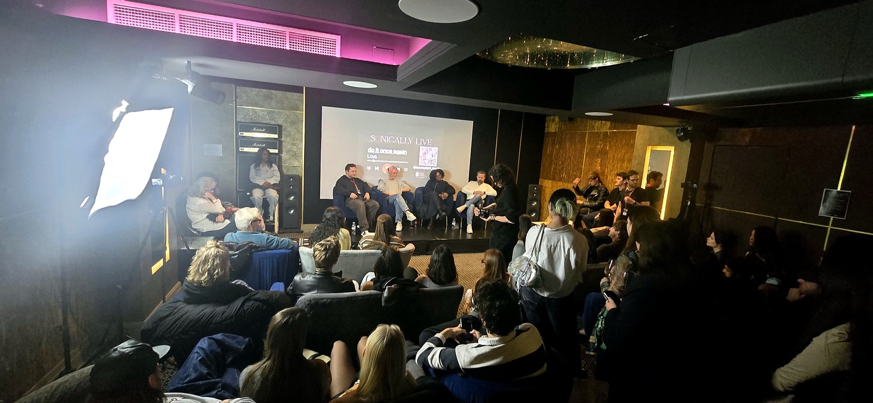 A Sonically Live panel in front of a full room of artists and industry professionals.